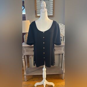 St. John Collection Black Knit Top Gold Logo Buttons Size 14